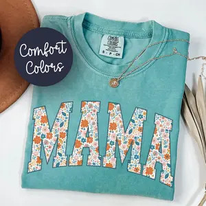 Spring Floral Comfort Colors Mama Shirt, Trendy Mom Tee, Mother's Day Shirt, Pregnancy Reveal Gift For New Mom, Preppy Mother's Day Gift, Flower Mama Shirt - LORA ATCHER