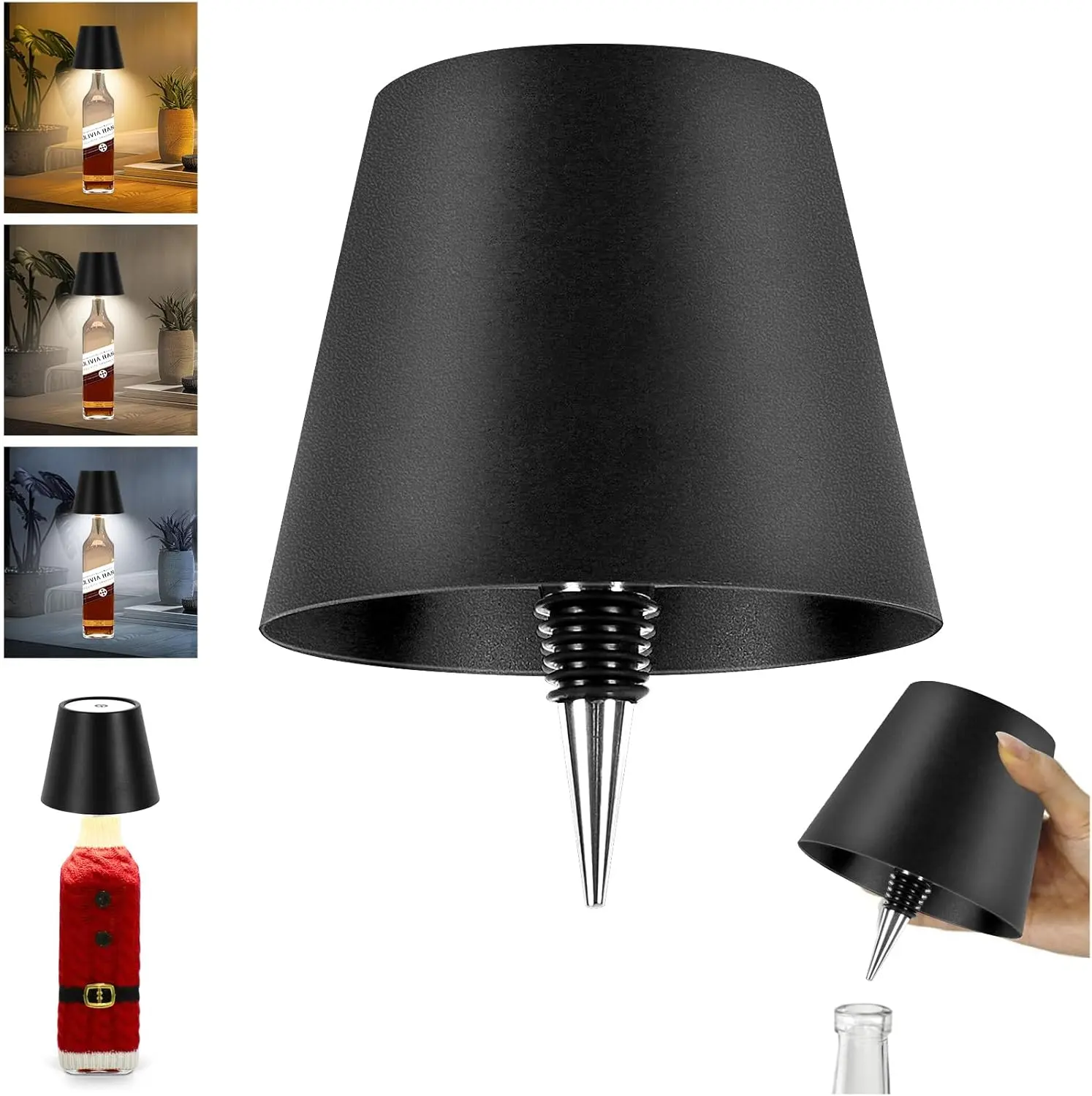 Wireless Bottle Lamp,  Rechargeable Wine Bottle Lights, Bottle Lamp Shade with Touch Dimming for Bedroom, Bar, Restaurants and Outdoor Use (Black)