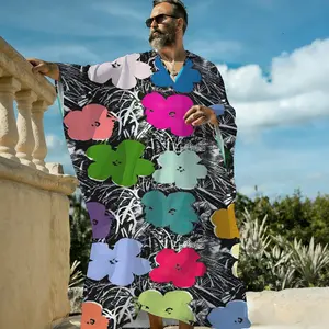 Men's V-Neck Pullover Andy Warhol Flower Print Kaftan Long Robe, Bold Pop Art Floral Graphic Lightweight Beach Cover Up, Breathable Short Sleeve Resort Lounge Sleep Shirt for Men
