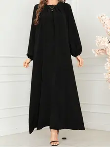 Elegant Chic Women's Casual Long Dress, Loose-Fitting Arabic Traditional Style, Plain Pattern, Long Sleeve, All Seasons Wear, Womenswear