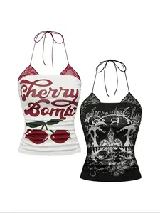 New Fashion Elegant Women's Chic Halter Neck Lace Splicing Printed Top Two-Piece Set, Stylish for Spring and Summer