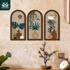 Boho Style Artistic Wooden Painting Decoration, Decorative Artwork, 3 Counts/set Leaves & Sun & Moon Elements Wall Art Decor, Wall Decor for Home Farmhouse Living Room Bedroom Office Studio Cafe Coffee Shop, Poster