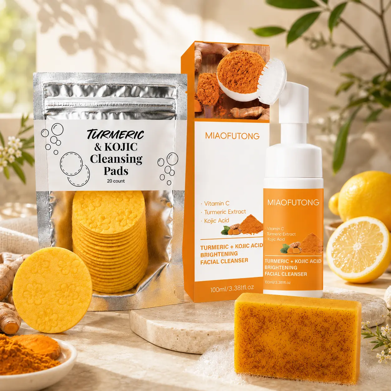 Turmeric 3-in-1 Facial Cleansing Kit, Kojic Acid Cleansing Pads, Foaming Mousse Cleanser & Turmeric Cleansing Bar, Daily Face Care Set for Oily & Combination Skin