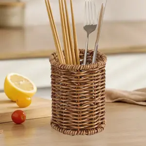 Handmade Woven Kitchen Utensil Storage Cylinder, Nordic Style Cutlery Organizer Bucket, Home Multi-Functional Cooking Tool Basket