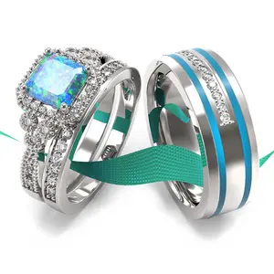 Wedding Ring Sets His And Hers Promise Ring Wedding Ring Sets His And Hers Couples Women 925 Sterling Silver Square Cut Moissanite Man titanium Wedding Band
