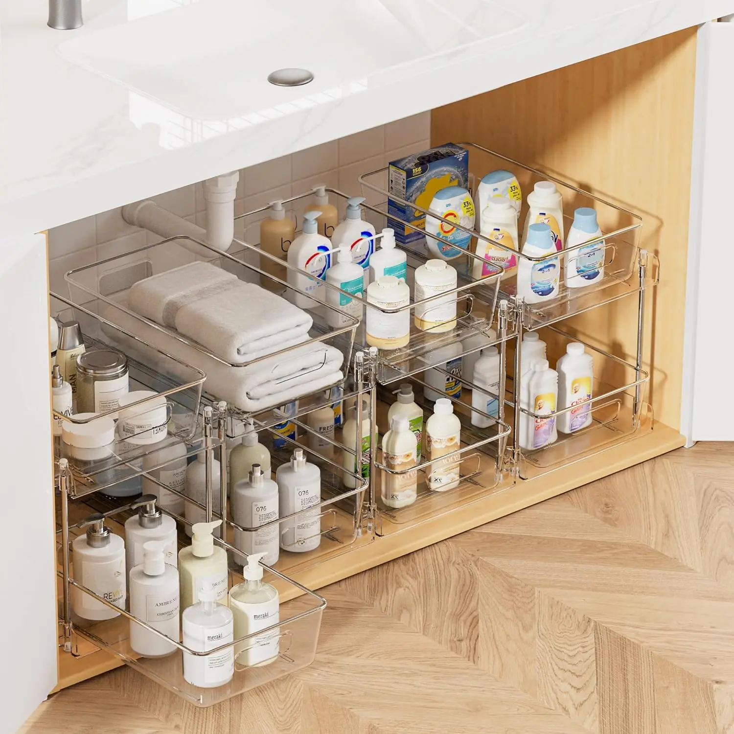 4 Pack Pull Out Sink Organizer (S-Standard)| Slide-out drawers, Multi-purpose, Clear visibility, Easy Set-up