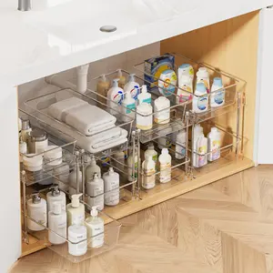 4 Pack 2 Tier Clear Bathroom Organizer, Pull-Out Under Sink Storage Organizer with Track for Vanity Countertop Cabinet Drawers Pantry Kitchen