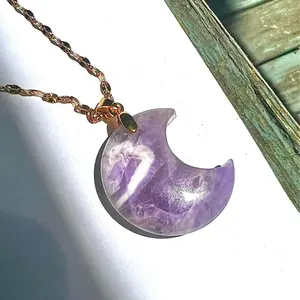 Cresent Moon Gemstone Pendant Necklace -  Dream Amethyst