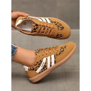 New Leopard Print Lace-Up Wedge Heel Casual Sneakers Sporty Running Shoes for Women, Large Size All-Season Running Shoes, Trendy Cross-Border Footwear