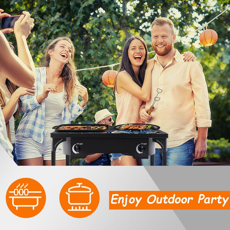 2 Burner Propane Gas Stove for Outdoor Cooking, 150,000 BTU Camping Cooker with Removable Legs, Temperature Control Knobs for Backyard Cooking, BBQ, Baking and Frying