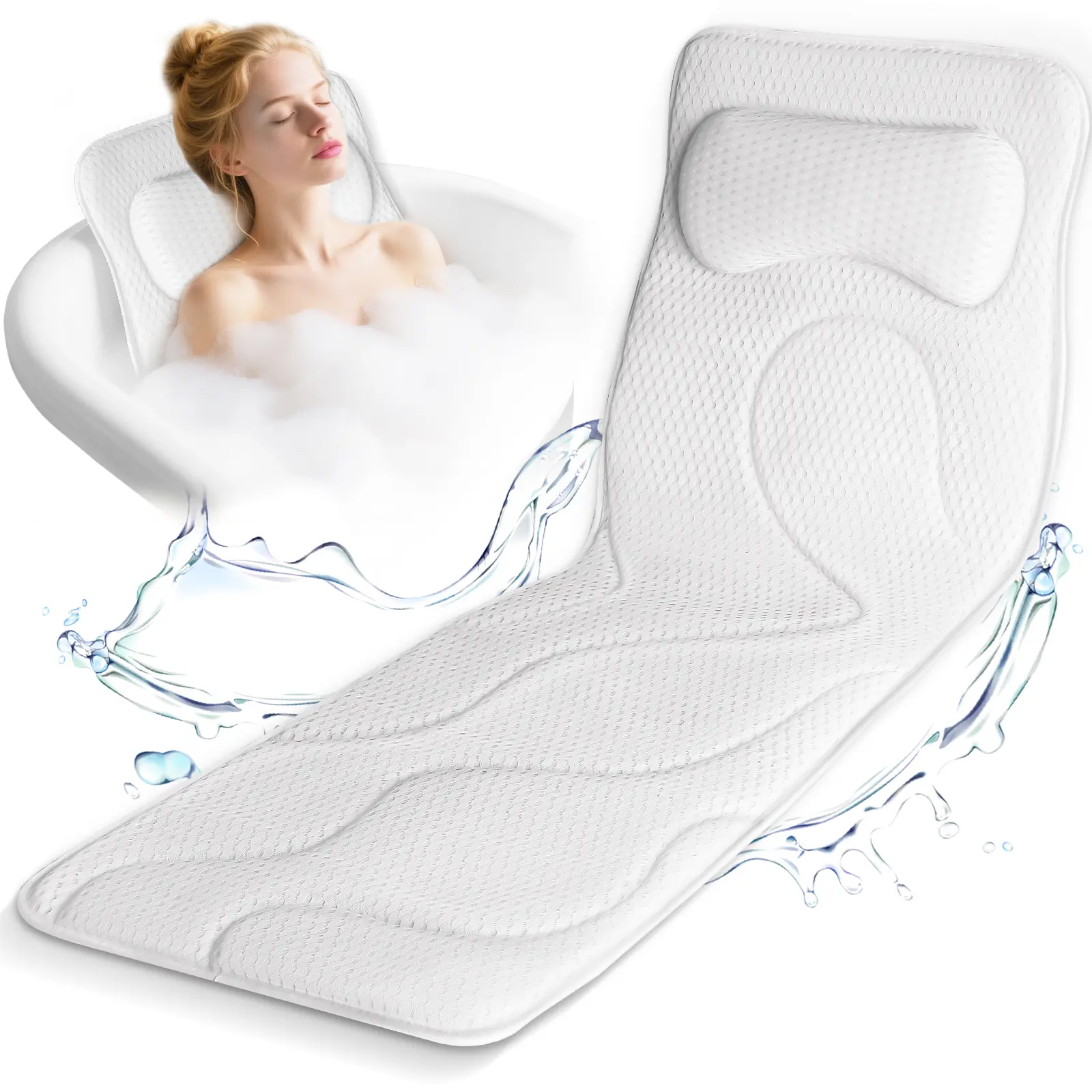 Adult Glam Unisex Luxury Bathtub Textiles Set - Bath Pillow Cushion with Neck & Back Support, Full Body Mat, Secure Suction Hold Cups for Spa Use, No Extra Household Textile Accessories Needed