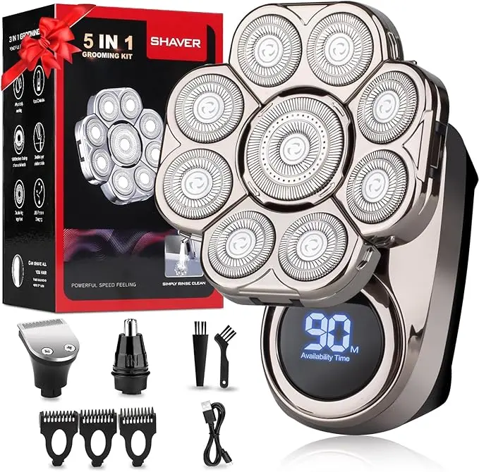 9D Silver Electric Head Shaver for Bald Men, IPX7 Waterproof Wet & Dry Cordless Grooming Kit with LED Display & Nose Trimmer, Stainless Steel, Neck, Fast Shave, Complete Kit, Rechargeable Battery, Dry/Wet Use, Head/Neck/Body, Multiple Blades