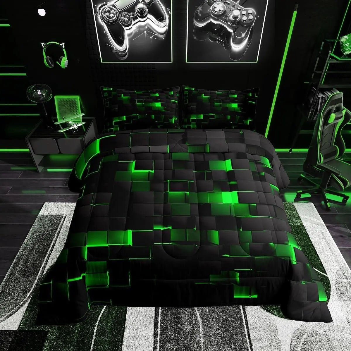 Feelyou Queen Size Black Green Breathable Duvet Set - Geometric Checks Bed Set with Abstract Look, Tight U-Stitch Hold, Neon Grid Quilt for Gaming Men, Breathable Fabric Bedding, Bed Sets