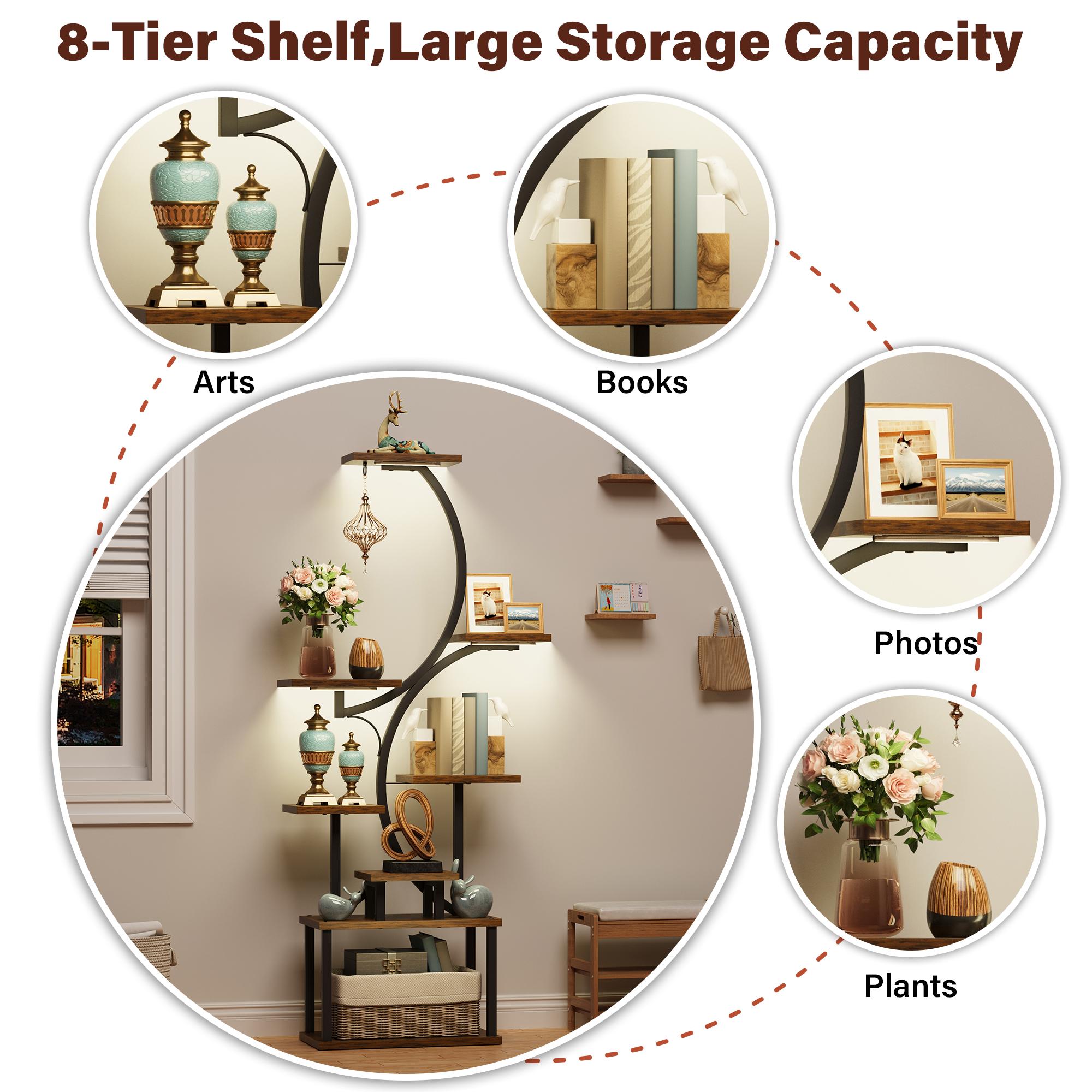 Display Shelf with LED Lights, Corner Shelf Stand, 62" Tall Bookshelf, 8-Tier Bookcase for Collectibles, S-Shaped Modern Corner Display Book Shelves for Bedroom Living Room, Rustic Brown