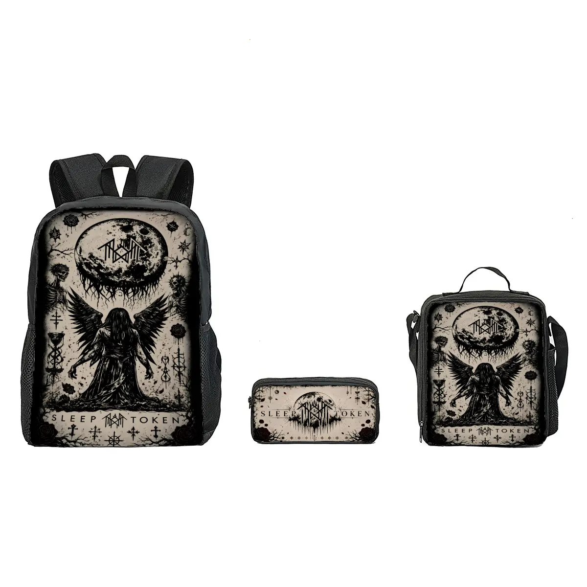 3PCS Sleep Token School Backpack Set - Large-Capacity Student Bookbag, Lunch Bag, Pencil Case, Band Fan Gift for Teen Boys, Back to School Graduation Luggage Accessory, School Backpacks