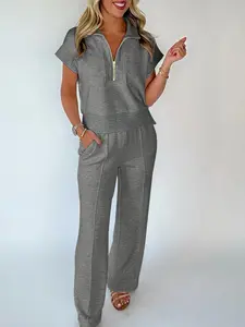 Womens Gray 2 Piece Outfits Half Zip Polo Tee and Casual Pant Set Athleisure Valentine's Day Gift
