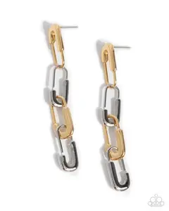 Linked Launch - Multi Silver Gold Mixed Metal Safety Pin Post Earrings - Paparazzi