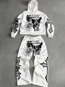 Angel Heart Print Hoodie Set, Long Sleeve Loose-Fitting Casual Sportswear, Fall & Winter Street Style, Drawstring Pants Included, Streetwear Tracksuit Set