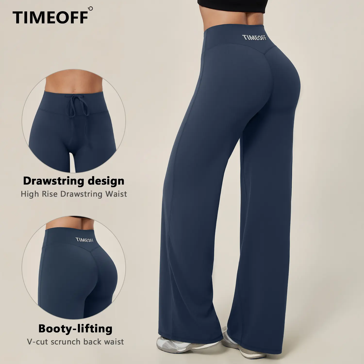 TIMEOFF High Waist Wide Leg Sweatpants for women, Casual Butt Lifting Yoga Pants, Normal Type, 78%Polyamide 22%Elastane Soft 4-Way Stretch Fabric, Female, Athleisure Fitness Pants, Athletic Bottoms, Drawstring Sports Pants