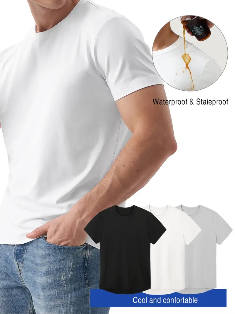1/3pc Technology Waterproof Stain Oil-Resistant Lightweight T-Shirt, Men's Casual Versatile Shirt in Multiple Colors