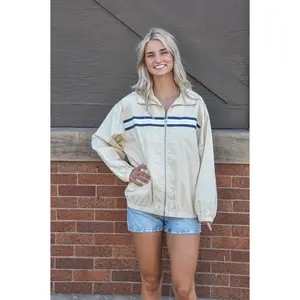 Vintage Heritage Ivory Stripe Jacket - Casual Retro Striped Women's Coat with Full Zip Front Closure & Long Sleeve Design Outfit Collared Blue Elegance Womenswear Style Piece