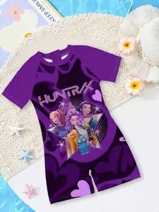 Girls' sun protection swimsuit "HUNTRIX Huntress Squad Purple Night Edition" features a dark camouflage pattern combined with shiny star prints, refreshing and unique, making it a head-turner when worn for beach outings! Swim Bodysuit Swim Wear