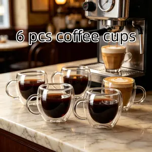 Set of 6 Double-Walled Glass Coffee Cups, Transparent Insulated Mugs with Handle, Ideal for Home & Office, Reusable & Durable, Clear Coffee Cups