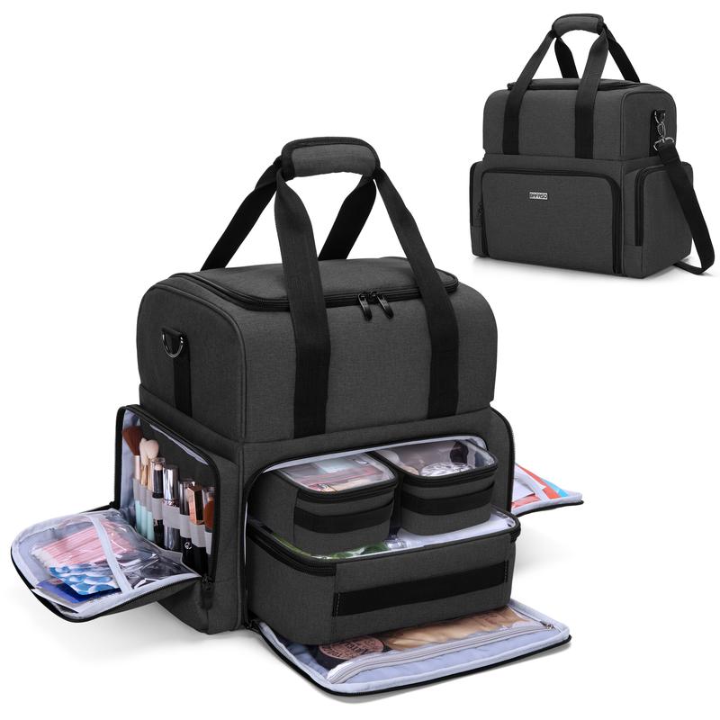 BAFASO 2 Layers Large Travel Makeup Bag with 3 Inner Removable Pouches, Detachable Dividers, Heavy-Duty Nylon, Perfect for Cosmetics & Travel