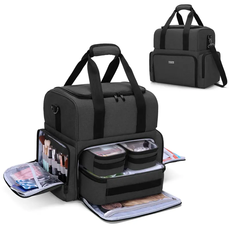 BAFASO 2 Layers Large Travel Makeup Bag with 3 Inner Removable Pouches, Detachable Dividers, Heavy-Duty Nylon, Perfect for Cosmetics & Travel