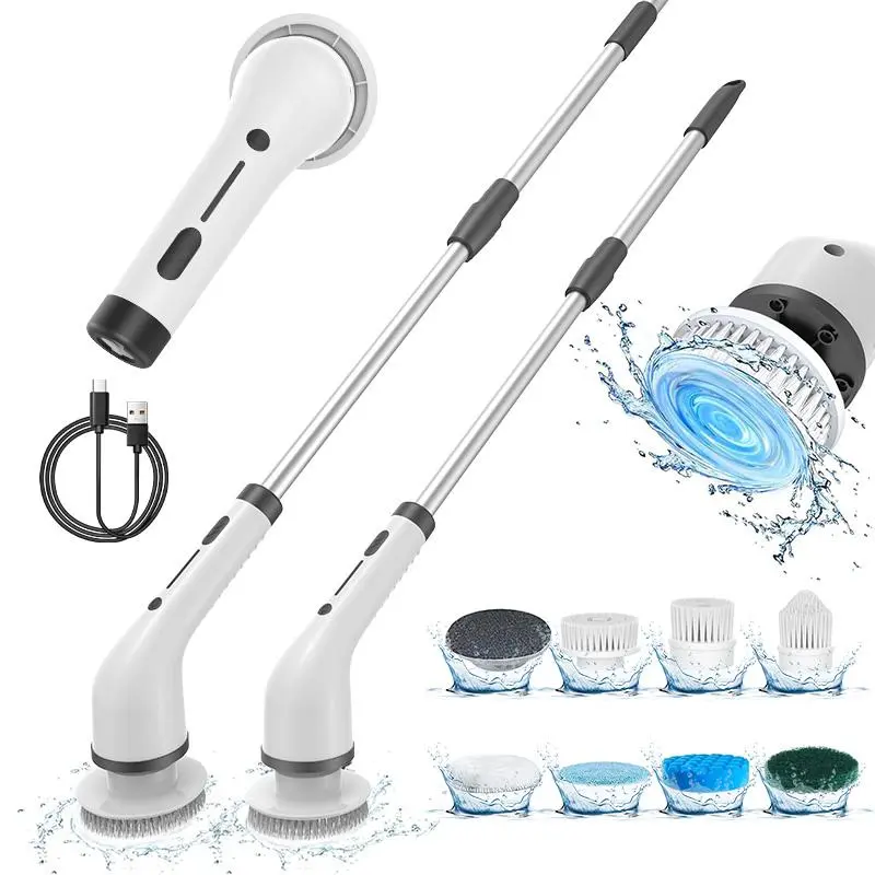 Cordless Handheld Electric Scrubber Kit - IPX7 Waterproof, 2-Speed Spin, Extendable Handle, 8 Replaceable Heads, Long Battery Life, Multi-Surface Cleaner for Bathroom, Kitchen, Cordless Handheld Scrubber
