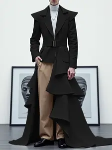 INCERUN Men's Fashion Elegant Deconstructed Pleated Ruffle Hem Solid Color Long Sleeve Midi Suit Jacket, Stylish and Comfortable, Suitable for Daily Wear