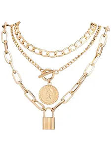 New Fashion Simple Necklace Set OT Buckle Embossed Disk Lock Pendant Vintage Cuban Chain Jewelry, Casual Geometric Pattern, All Seasons, Jazz Cuban Chain