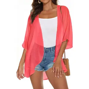 Womens Kimono Cardigans Beach Cover ups Swimwear Puff Sleeve Loose Casual Summer Tops