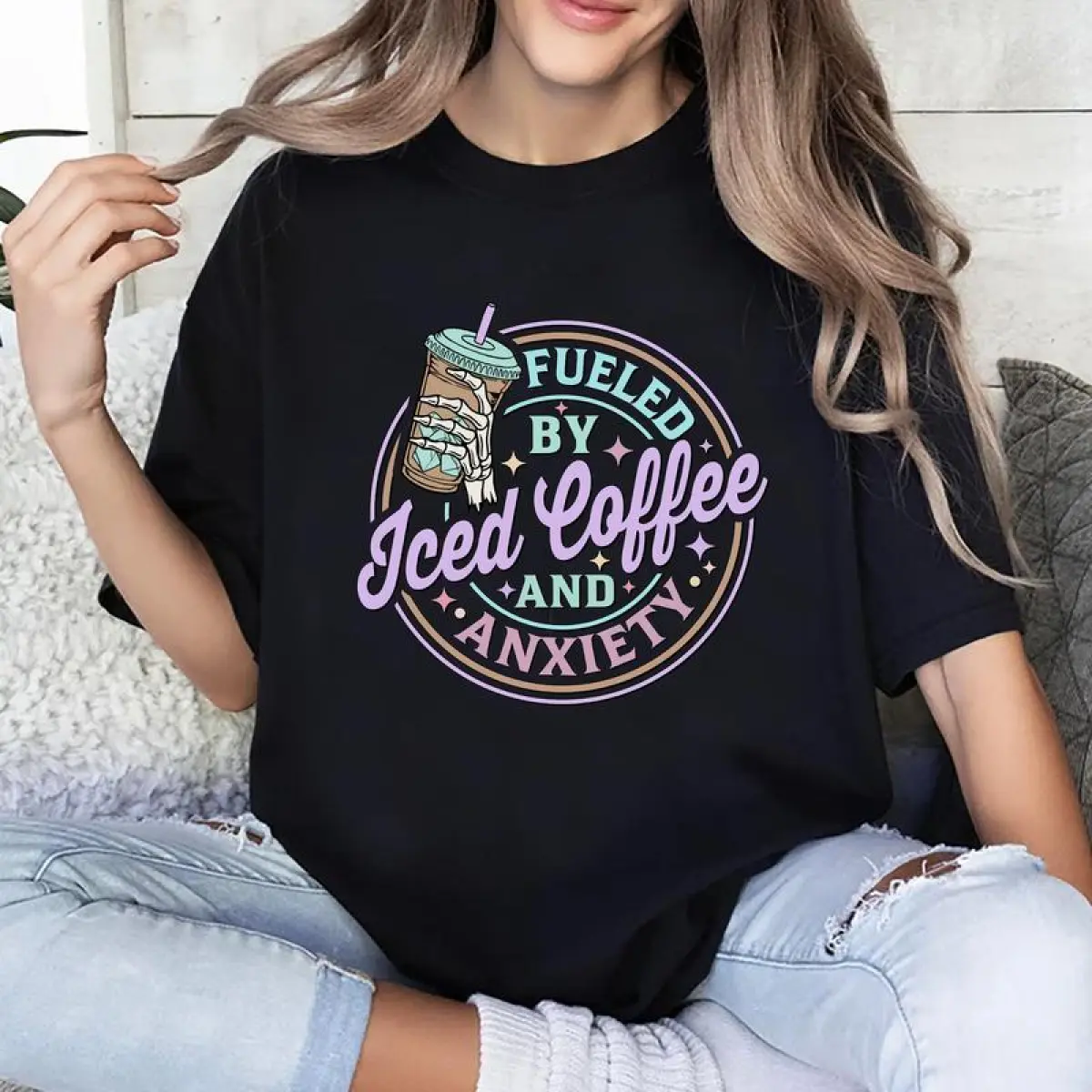 Women's Funny Coffee T-Shirt| "Fueled by Iced Coffee and Anxiety" Retro Skeleton Hand Design| Oversized Comfort Colors Tee| Ideal Gift for Coffee Lovers, Mother's Day & Birthdays