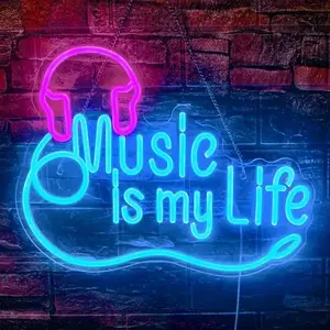 Music Is My Life Neon Sign, 1 Count USB Charging Headphone Neon Wall Decor, LED Neon Lights for Wall Decor, Adjustable LED Light Live Music Sign for Bedroom, Vibrant Lighting, Modern Decoration, USB Powered