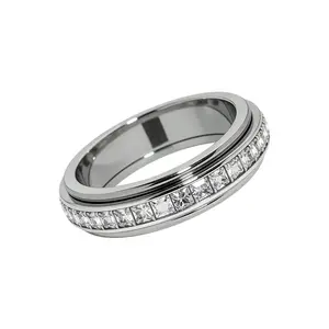 Anxiety Rings for Women and Men Titanium Steel Spinner Fidget Band Rings with Cubic Zirconia for Stress Relief and Wedding Promise Comfort Fit Size 5 to 12