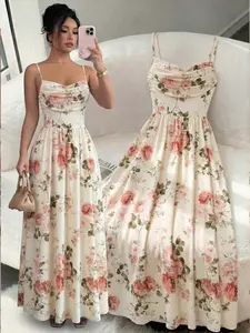 Women's Elegant Romantic Chiffon Spaghetti Strap Waist Cinched Flowing Dress, Suitable For Wedding Guests, Sisters Gathering