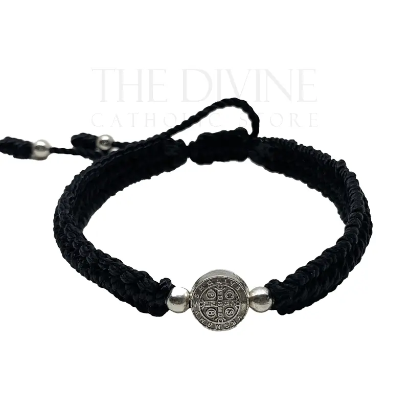 St Benedict Black Threaded Bracelet with St Benedict Medal Charm & Silver Accent Beads Adjustable Unisex Design for Daily Wear Prayer or Gift