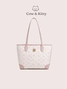 Cow&Kitty Cute Pink Kawaii Large Capacity Tote Bag for Women, PU Leather Kitty Print Shoulder Handbag, Aesthetic Work Tote Fits iPad and Daily Essentials, Lightweight Shopping Bag for School, Office, Travel, Weekend Trips, Casual Outfits, Gift for Girls