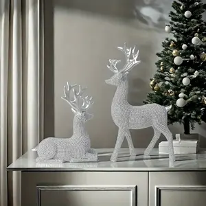 Shiny Gold Beaded Christmas Reindeer Decorations, Resin Holiday Tabletop Ornaments for Xmas, Valentine's Day, New Year, Home Decoration