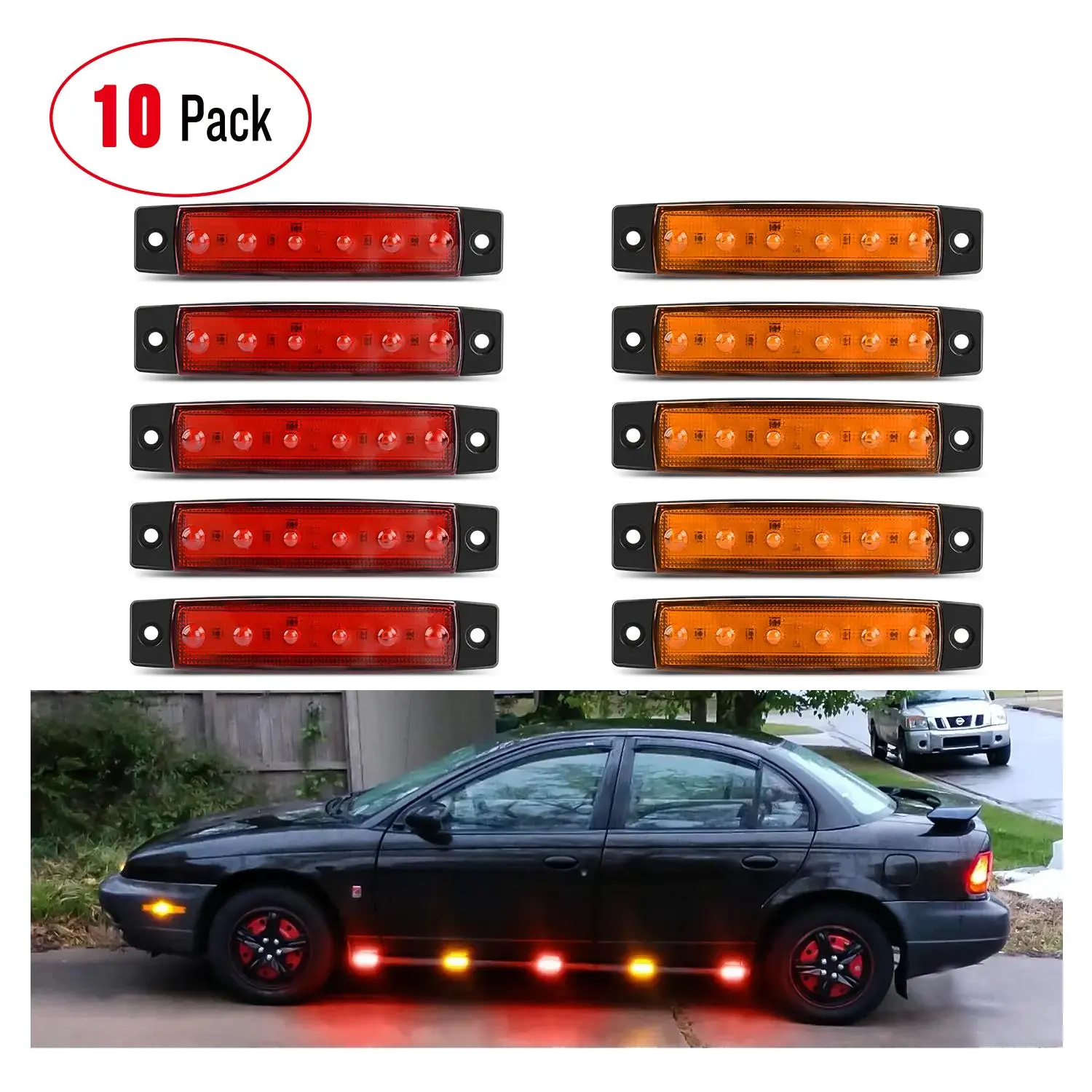 Nilight 3.8 in 6-LED Red Amber Vehicle Exterior Side Marker LED Trailer Light Kit (10 Pcs) - 12V DC, 120lm, PC Lens, Excellent Brightness, Easy Installation for Boats, Lorries