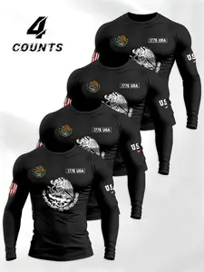 4 Piece Men's Eagle Emblem Print Slim Fit Long Sleeve Set, Outdoor Sporty Running Training Tops, Elastic Stretch Athletic Wear, Activewear Set, Activewear Running Outfits