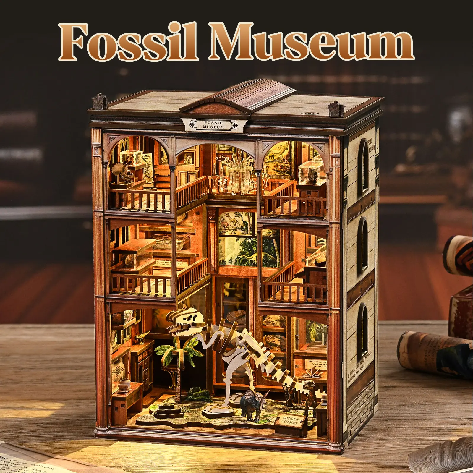 Fossil Museum Book Nook Kit – Adult DIY Mini Fossil Museum Decor Display with LED Lights, Wooden Bookshelf Ornament with Dinosaur Skeleton & Sculpture Decorations, Unique Interior Decor Craft Gift for Adult Collectors