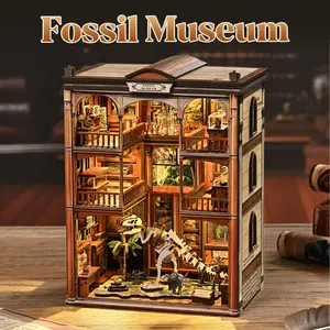Fossil Museum Book Nook Kit – DIY 3D Wooden Puzzle with LED Lights, Miniature Dinosaur Skeleton & Statues, Unique Bookshelf Decor, Creative Craft Gift for Adults & Teens