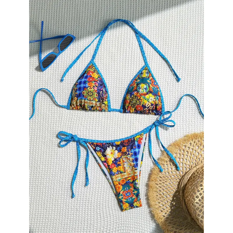Women's 2-Piece Ethnic Pattern Floral Print Boho Bikini Set - Beachy, Bright, Vivid Bikinis for Beach Holiday, Sports Swimwear, Beachy Bikinis Set, Bright Bikinis Set
