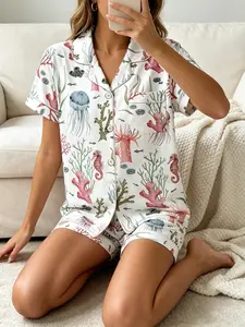 Women's Short Sleeve Button Down Top and Shorts Pajama Set, Spring Summer Wear, For American Retro Vacation Girls, White Base Vintage Ocean Print, Classic Lapel Collar, Loose Straight Fit, Comfortable For Home & Outings