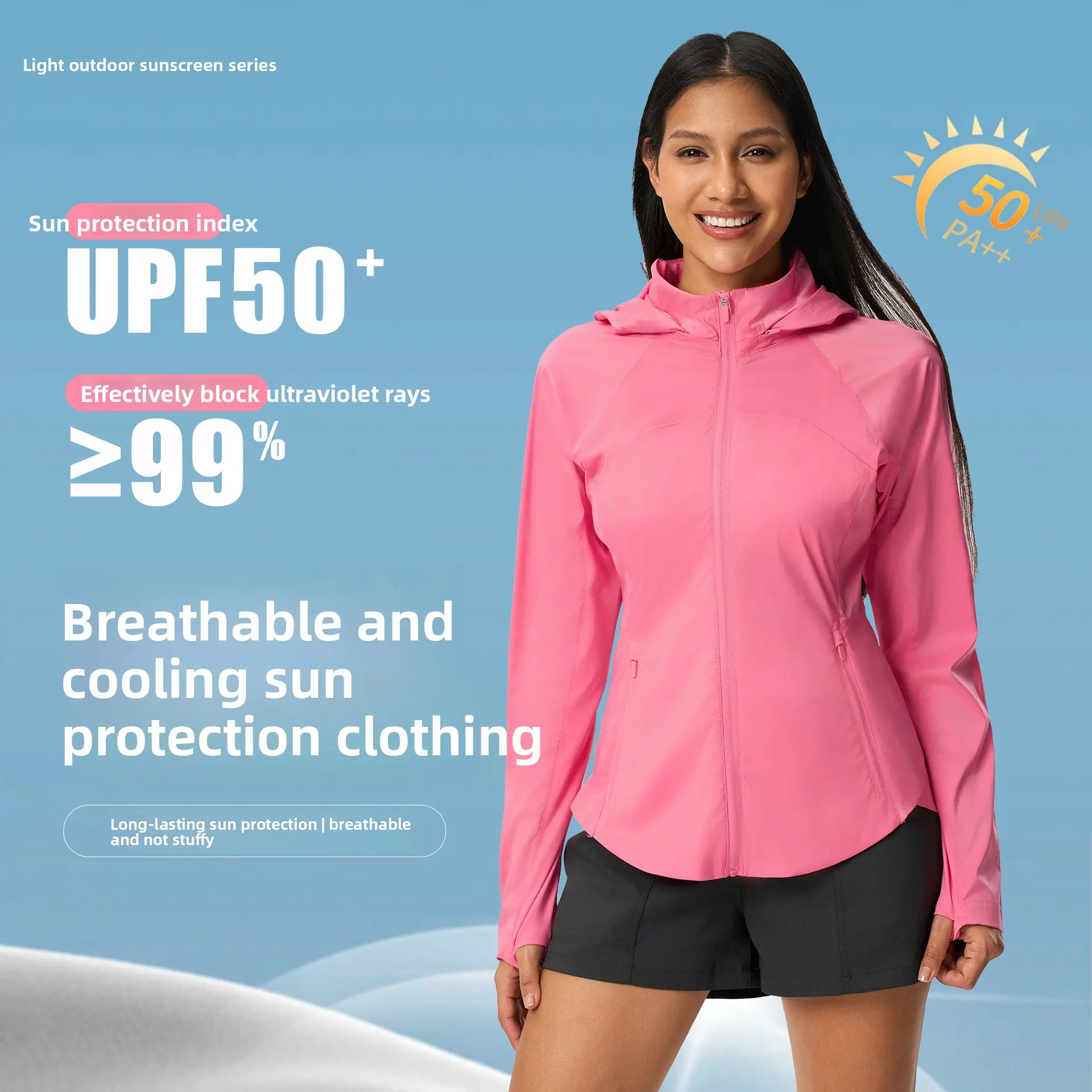 Women's Packable Sun Protection Jacket, Solid Nylon Long Sleeve Zip-Up with Hood, UPF 50+ Cooling for Biking & Hiking, Female, Nylon Fabric, Solid Zip-Up Design, Folds Up For Storage, Upf50+ Shield, Beach Outings, Breathable, Hooded Neck, Cycling/Hiking,