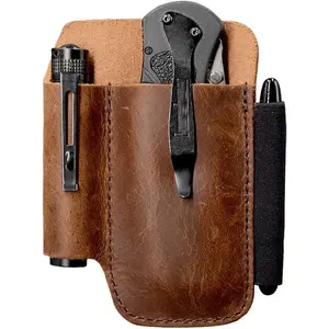 EDC Leather  Sheath Organizer Pouch with Pen Loop, Full Grain Leather, Chestnut