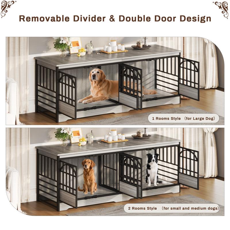COZPAW 86 Inch Double Dog Crate Furniture for 2 Dogs, Decorative Dog Kennel Indoor TV Stand, Heavy Duty Wooden Dog Cage for Large Medium Dogs Sized Dog Pet House with Divider (Brown)