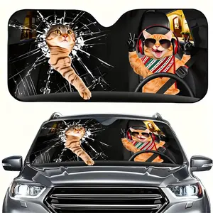 Funny Cat Car Sunshade, UV Protection, Foldable Polyester, Fits Rvs and Suvs, Front Windshield Protector, Universal Car Sunshade